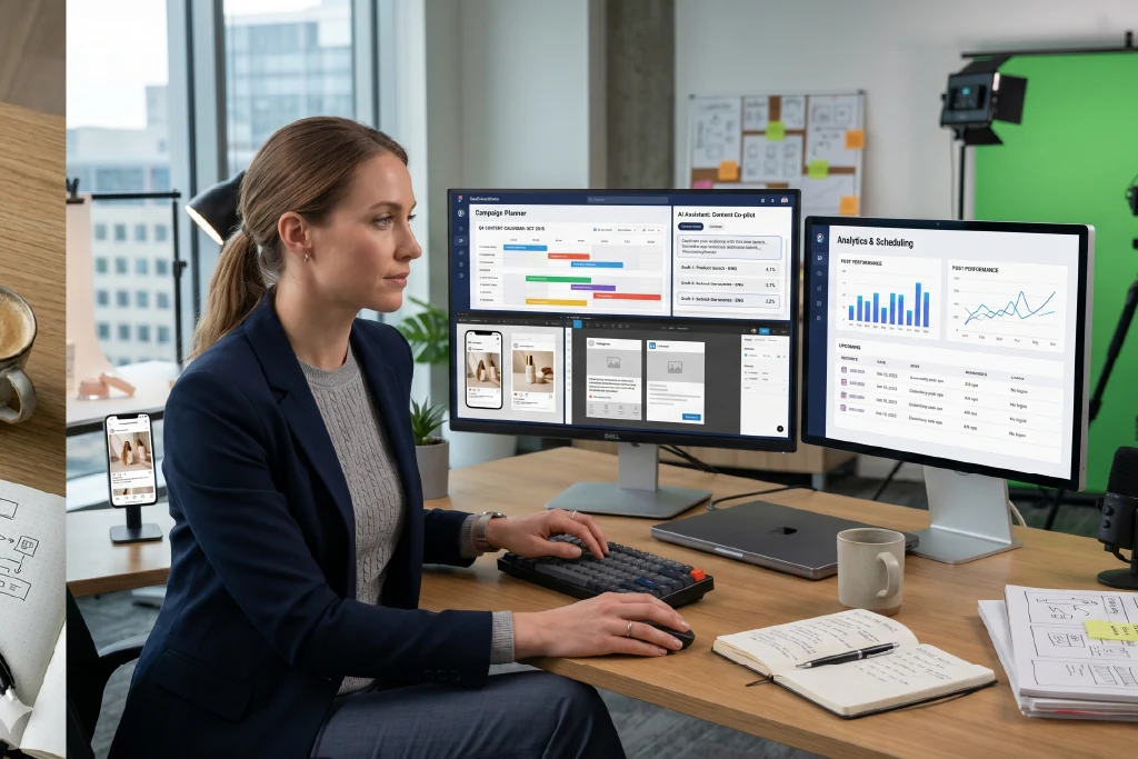 Happy woman working on laptop