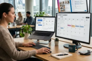 Creative workspace with glowing icons